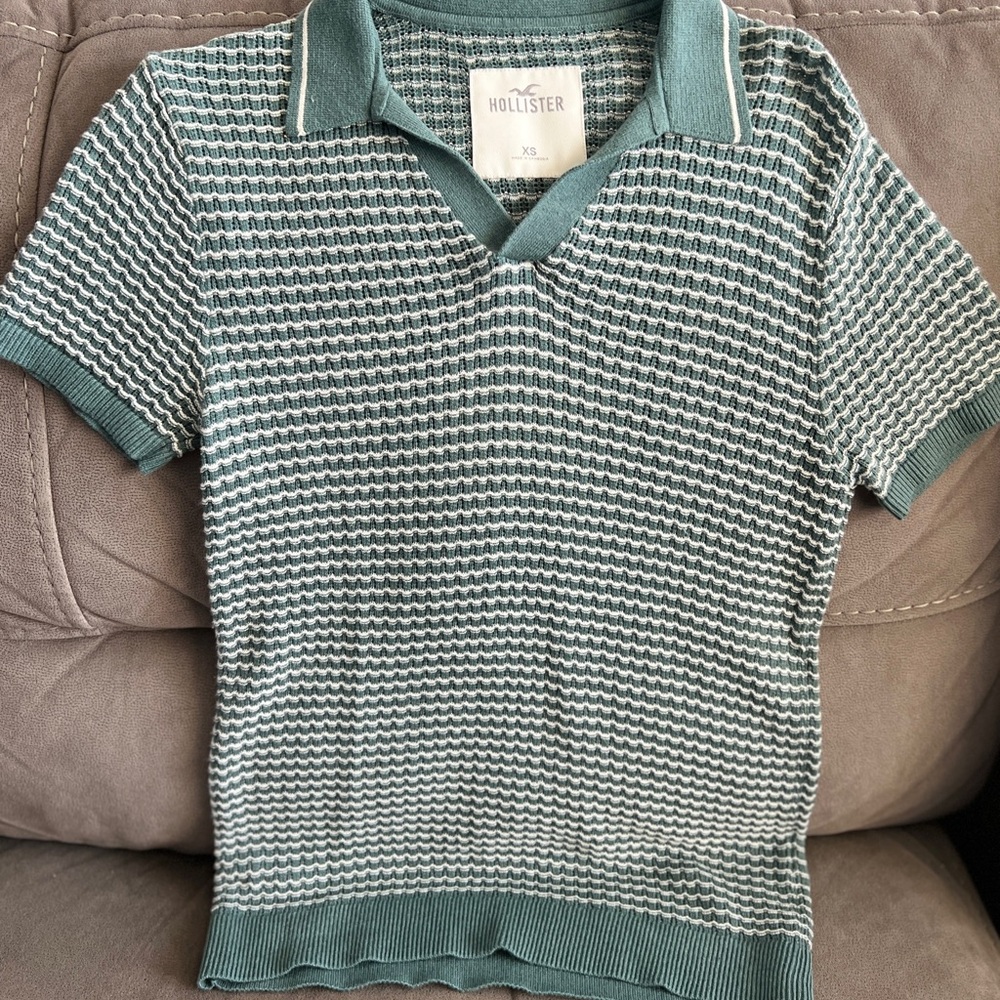 Hollister Teal and White Striped Knit Polo